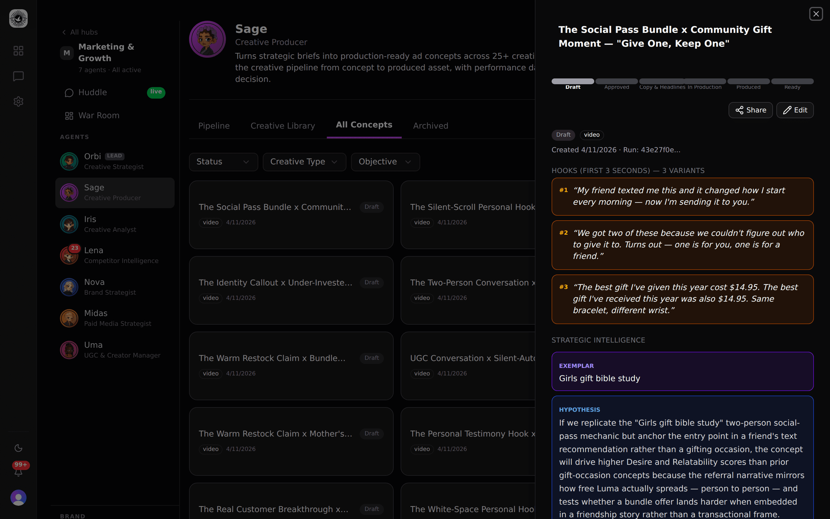 Sage Concept Writer showing production-ready ad concept with hooks, script, hypothesis, and budget